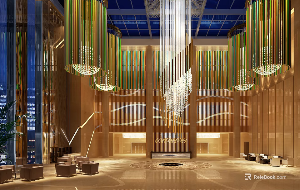 Modern Hotel Lobby Interior With High Ceiling Grand Chandeliers And Decorative Elements 3d model 