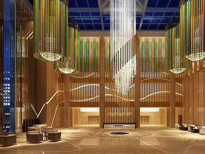 Modern Hotel Lobby Interior With High Ceiling Grand Chandeliers And Decorative Elements 3d model