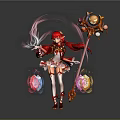 Red Haired Female Character With Magical Staff And Fantasy Creature In Magic Circle