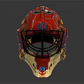 Vibrant Red And Beige Hockey Goalie Helmets Featuring Colorful Artwork And MASS LAW