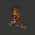 Unique Vintage Wooden Water Vehicle With Spotted Orange Brown Sail Design