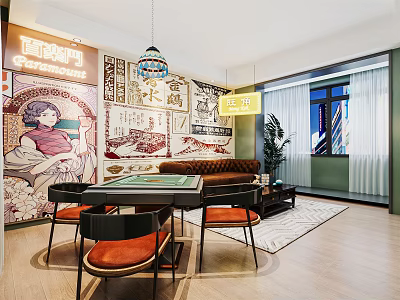 Vintage Chess and Card Room Hong Kong Style Chess and Card Room Mahjong Room Mahjong Table Combination Mahjong Hall Entertainment Space Sofa Coffee Table 3d model
