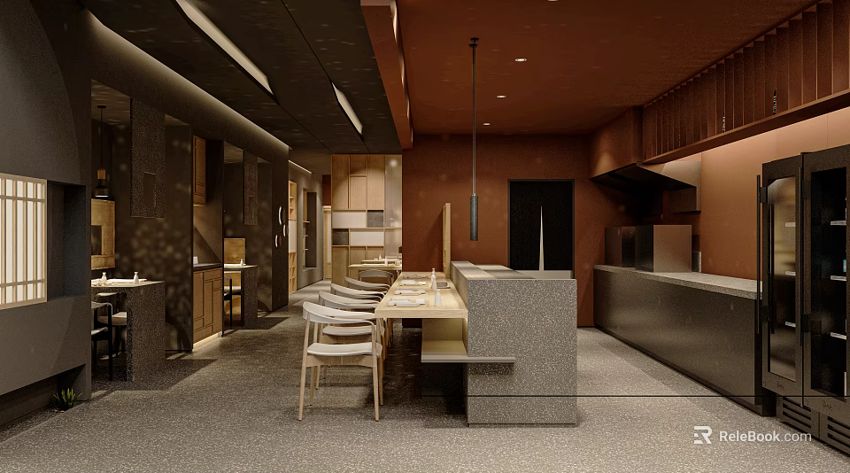 Modern Restaurant Interior With Wooden Tables Minimalist Chairs And Warm Ambient Lighting 3d model 