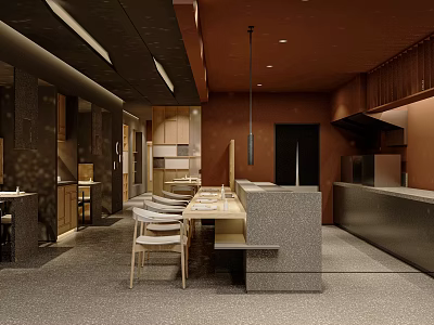 Modern Restaurant Interior With Wooden Tables Minimalist Chairs And Warm Ambient Lighting 3d model