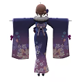Woman in Purple Blue Kimono With Cherry Blossom Patterns And Pink Ribbon Tassels Standing Gracefully