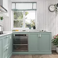 Modern Kitchen Interior With Light Green Cabinets White Brick Backsplash And Stainless Steel Appliances