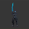 Armored Sci Fi Warrior Character Holding Glowing Blue Sword In Dark Armor