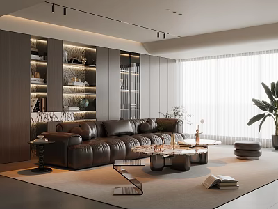 Italian Home Living Room Sofa Coffee Table Combination Multi-seat Leather Sofa Marble Coffee Table Open Bookcase Decorative Locker Leisure Sofa Chair Background Wall 3d model
