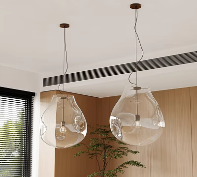 Transparent Glass Pendant Lights in Modern Interior with Wooden Wall Window Blinds and Green Plant 3d model