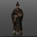 Man Wearing Ancient Traditional Robe With Feather Fan And Decorative Hat