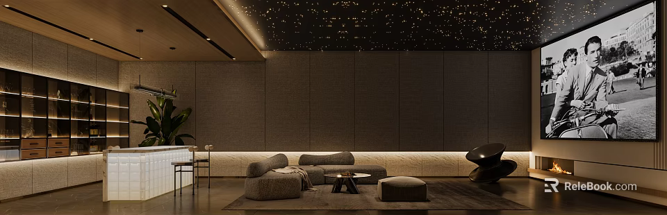 Modern Home Theater Room With Cozy Sofas And Starry Ceiling 3d model 