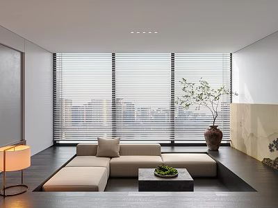 Modern Living Room Interior With Floor to Ceiling Blinds Sofa and Green Plant 3d model