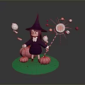 Witch In Purple Robe With Pointed Hat Holding Magic Wand And Pumpkins On Green Base