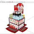 Household Products on Multi Layered Red Promotional Display Shelf with Toiletries Drinks and Cartoon Figures