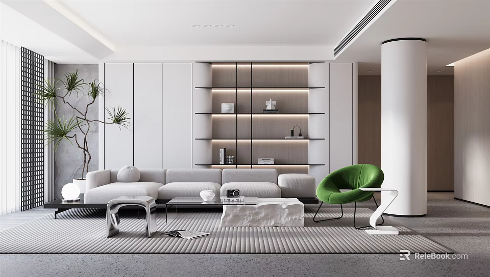 Modern Living Room Interior Design With Gray Sofa Green Accent Chair And Marble Coffee Table 3d model 