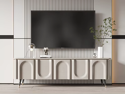 Modern White TV Stand With Arched Doors Table Lamp And Plants On Striped Wall 3d model