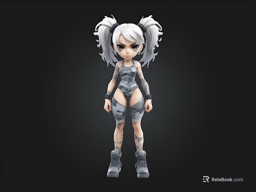 Cartoon Character with Silver White Pigtails Mechanical Outfit Arm Leg Guards and Combat Boots 3d model 
