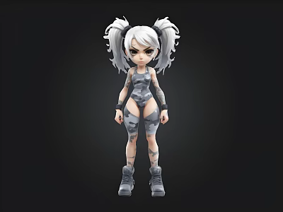 Cartoon Character with Silver White Pigtails Mechanical Outfit Arm Leg Guards and Combat Boots 3d model