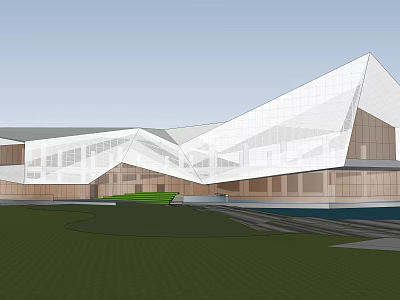 Modern Sales Office Building With Geometric Roof Glass Curtain Walls And Green Lawn Water Feature 3d model