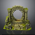 Ancient Stone Archway Structure With Pillars Steps And Greenery In Ruined Landscape