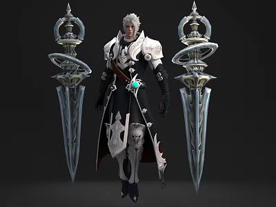 White Haired Warrior Character With Magical Mythical Creature In Dark Scene 3d model