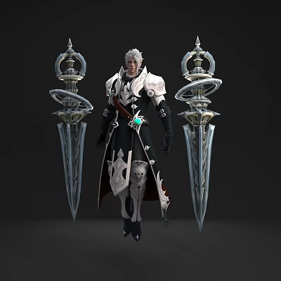 White Haired Warrior Character With Magical Mythical Creature In Dark Scene 3d model