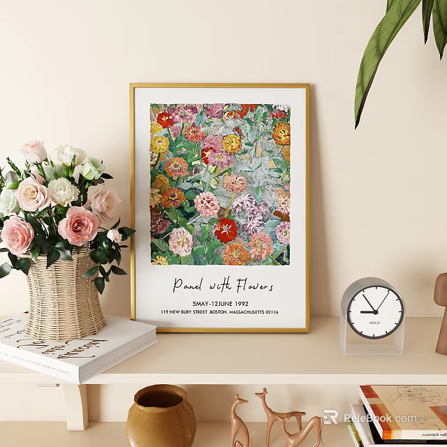Stylish Decorative Ornament Set with Floral Framed Print Flower Vase Books and Small Clock 3d model 
