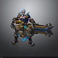 3D Armored Sci Fi Character With Blue Hair Large Mechanical Weapon And Glowing Accents