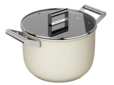 Cream Colored Cooking Pot With Transparent Glass Lid And Silver Handles 3d model