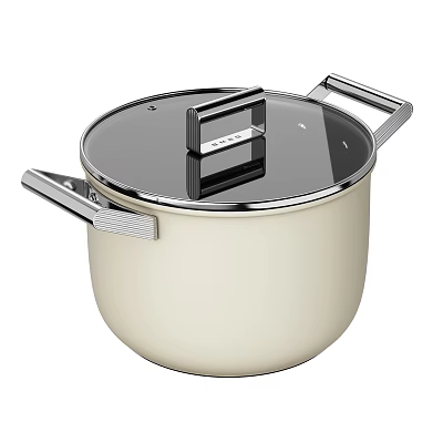 Cream Colored Cooking Pot With Transparent Glass Lid And Silver Handles 3d model