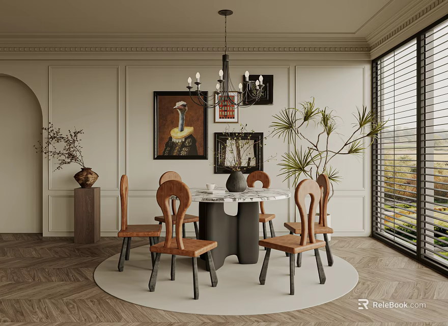 Elegant Restaurant Interior Featuring Round Dining Table Chairs Chandelier Plant And Herringbone Floor 3d model