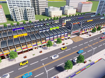 Aerial Planning of Urban Commercial District with Buildings Organized Street Layout Vehicles and Green Trees 3d model