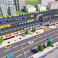 Aerial Planning of Urban Commercial District with Buildings Organized Street Layout Vehicles and Green Trees