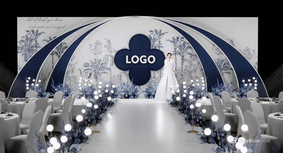 Banquet Hall With Blue And White Decor Palm Tree Pattern Backdrop Seating And Lighting Decorations 3d model