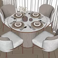 Elegant Round Marble Dining Table Set With Beige Upholstered Chairs And Tableware Vase 3d model