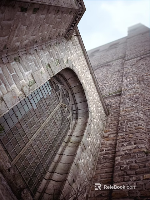 Old Stone Building Exterior With Arched Window And Rough Texture Details 3d model 