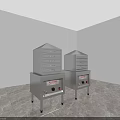 Silver Commercial Kitchen Appliances with Steamer Oven on Marble Floor in White Room