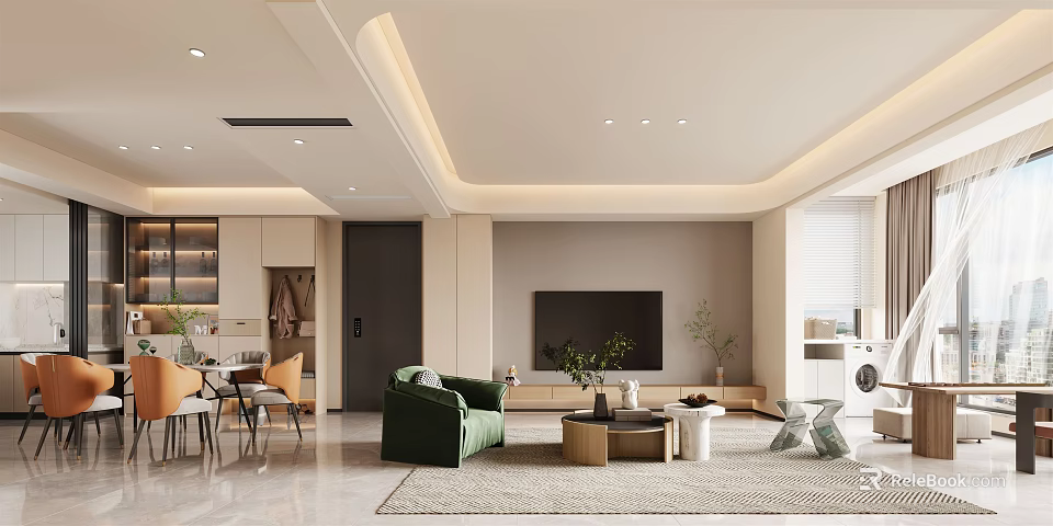 Modern Living Dining Room Interior With Green Sofa Coffee Table TV And Dining Set 3d model