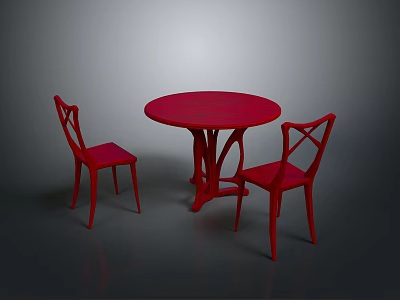 Red Round Dining Table With Two Red Chairs In Dark Background 3d model