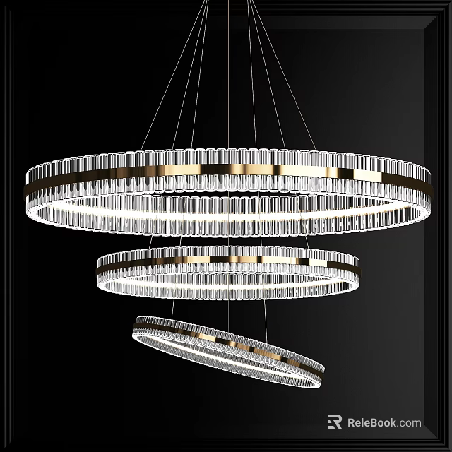 Three Circular Crystal Chandeliers With Metal Frame Hanging In Modern Luxury Space 3d model 