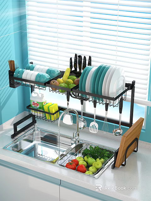 Space Saving Bathroom Cabinet Rack With Storage Shelves And Hanging Utensils Near Sink 3d model 