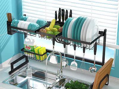 Space Saving Bathroom Cabinet Rack With Storage Shelves And Hanging Utensils Near Sink 3d model