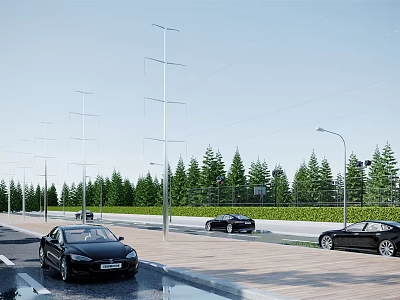 Road Facilities With Lined Street Lamps Green Belts And Cars On Modern Urban Road 3d model
