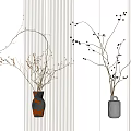 Black And Brown Ceramic Vases With Decorative Branches On Striped Wall 3d model