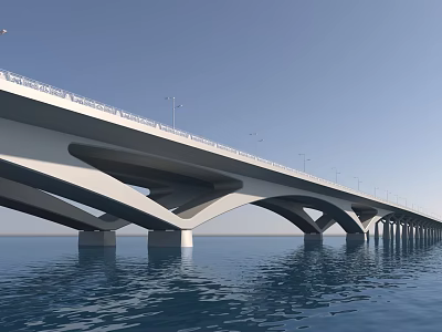 Modern Bridge Spanning Blue Water With White Arched Structure And Lampposts 3d model