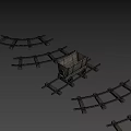 Wooden Rail Tracks With Curved Sections And Mine Cart On Gray Background