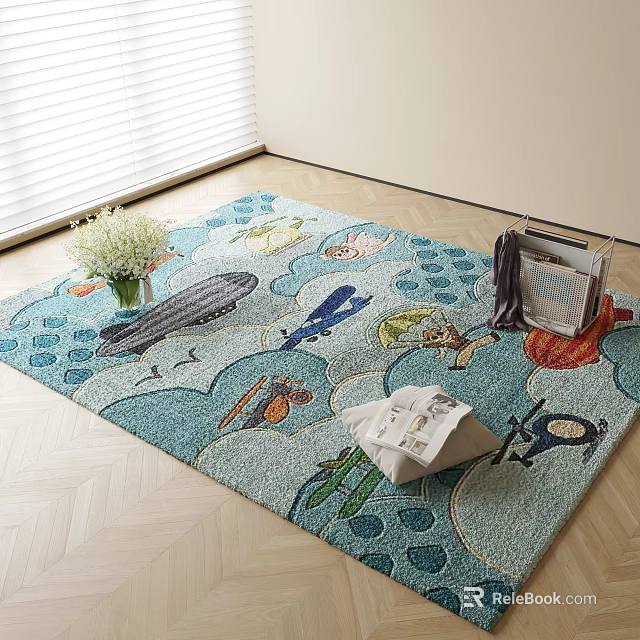 Colorful Square Carpet With Zeppelin Airplanes Birds Submarine And Wave Patterns On Wooden Floor 3d model 