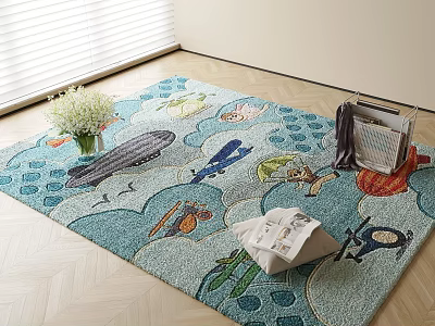 Colorful Square Carpet With Zeppelin Airplanes Birds Submarine And Wave Patterns On Wooden Floor 3d model