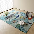 Colorful Square Carpet With Zeppelin Airplanes Birds Submarine And Wave Patterns On Wooden Floor