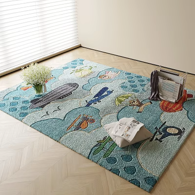 Colorful Square Carpet With Zeppelin Airplanes Birds Submarine And Wave Patterns On Wooden Floor 3d model